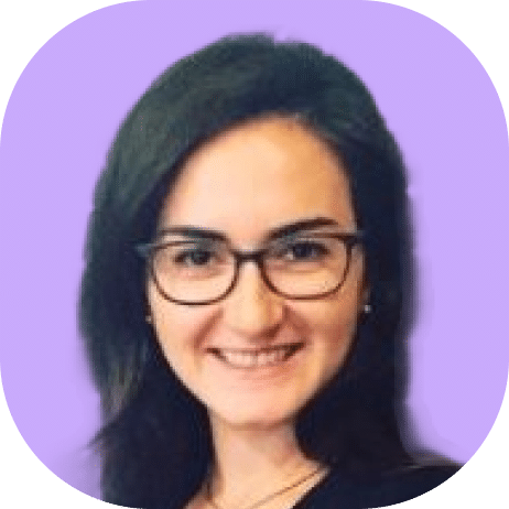 A person with long dark hair and glasses smiles at the camera. The background is a solid light purple color, with rounded corners framing the image—perfect for a Highline 2025 profile.