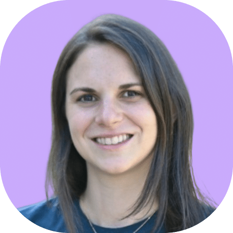 A woman with straight dark brown hair smiles at the camera. She is wearing a dark top and a necklace, set against a solid light purple background with rounded corners, representing the vibrant spirit of Highline 2025.