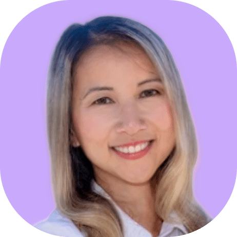 Smiling woman with long, blonde hair and light skin, wearing a white shirt, poses in front of a solid light purple background for the Highline 2025 campaign.