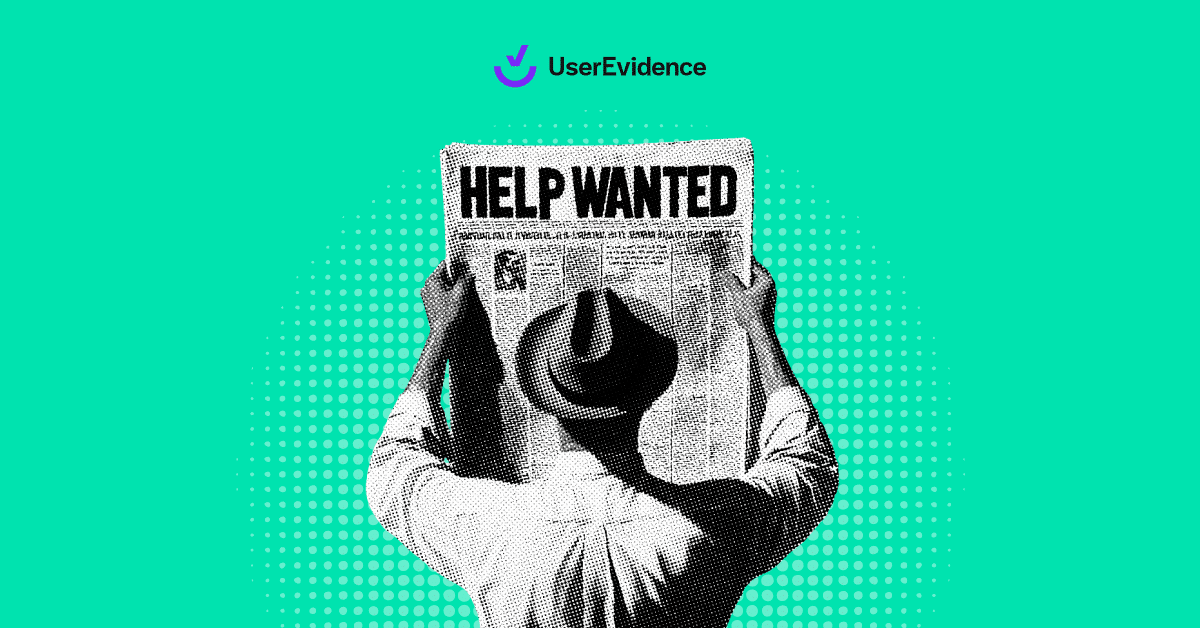 A person wearing a hat reads a newspaper with the headline HELP WANTED against a teal dotted background, with the UserEvidence logo above.